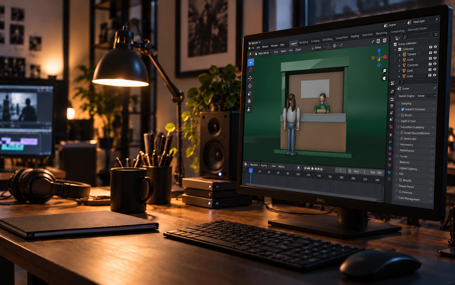 Previsualización real de Subway con figuras 3D y el puesto, integrada en la interfaz de Blender en un monitor de estudio